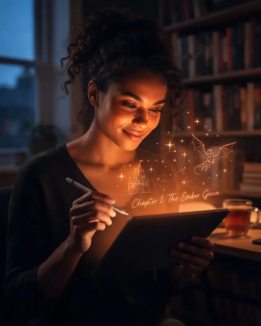 An author writing the next chapter of her story on a tablet, glowing with the shapes of the world she's creating