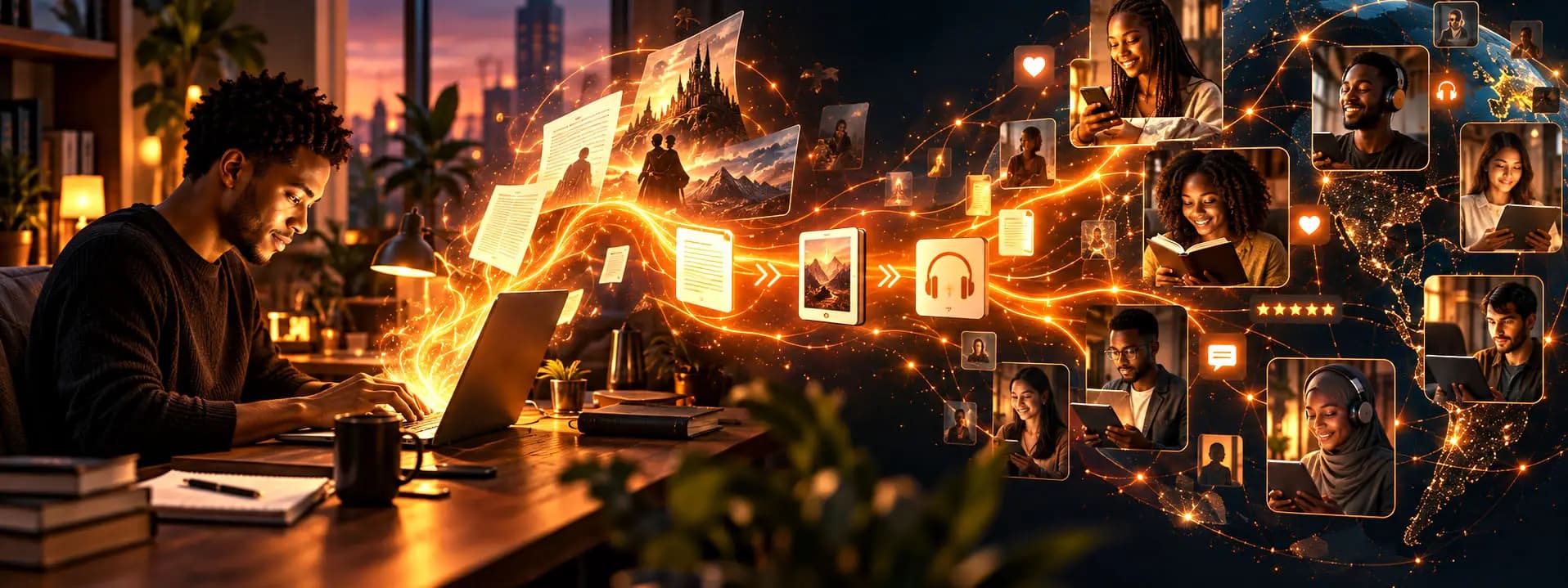 A manuscript's journey from written pages to an ebook and audiobook, reaching readers around the world